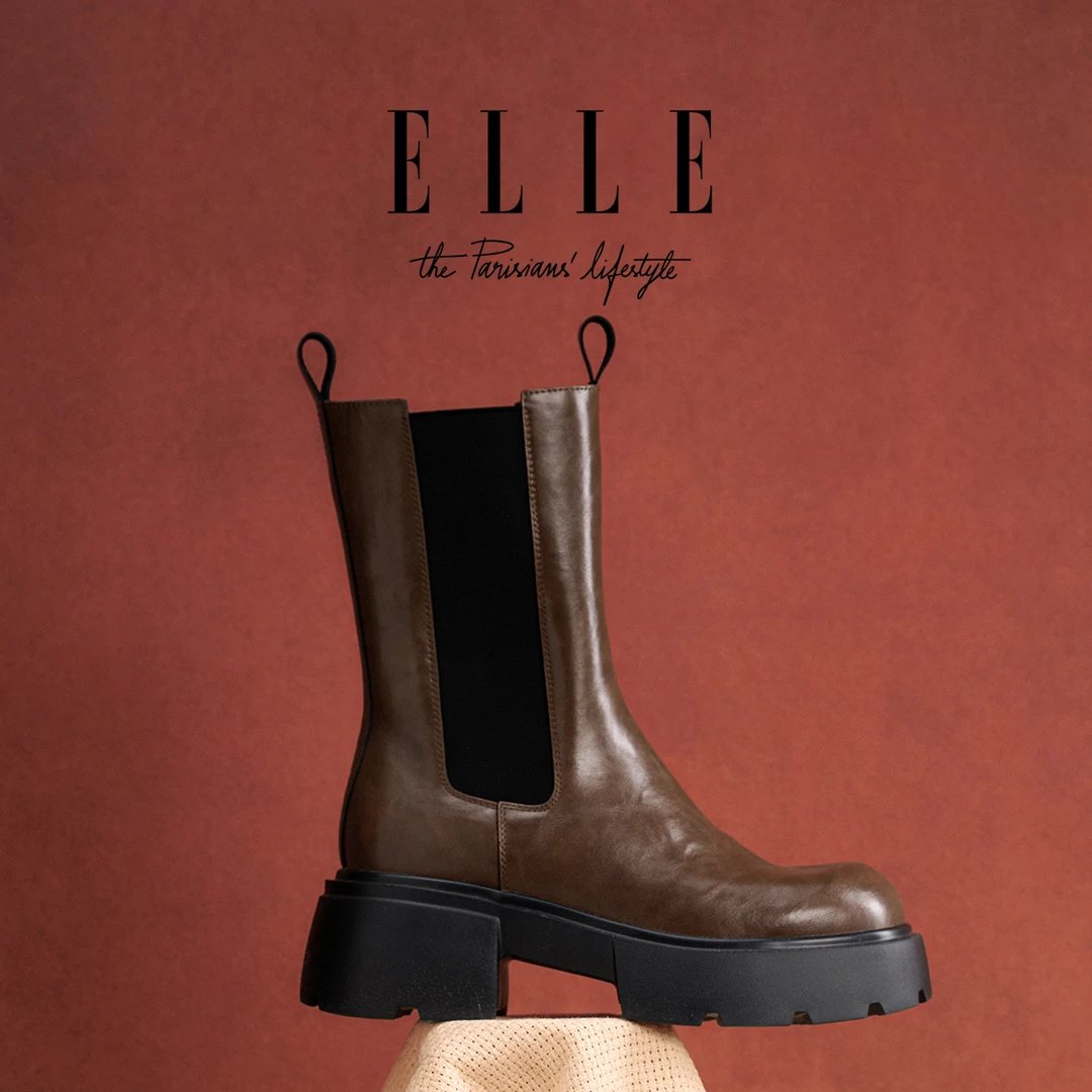 ELLE小个子切尔西靴女2025爆款厚底中筒真皮靴英伦风显腿长烟筒靴