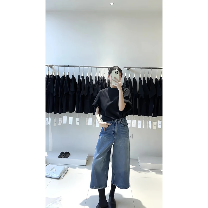 夏季韩系穿搭百搭宽松短袖T恤圆领上衣高腰宽松牛仔裤八分阔腿裤