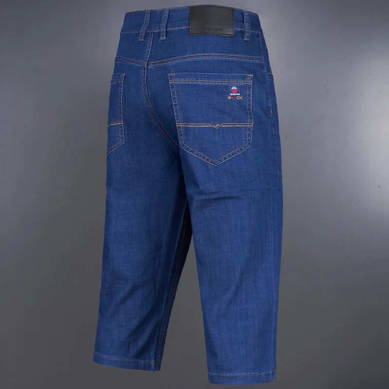 蓝色牛仔七分裤男款宽松大码高腰夏天薄款过膝休闲透气牛仔中裤男