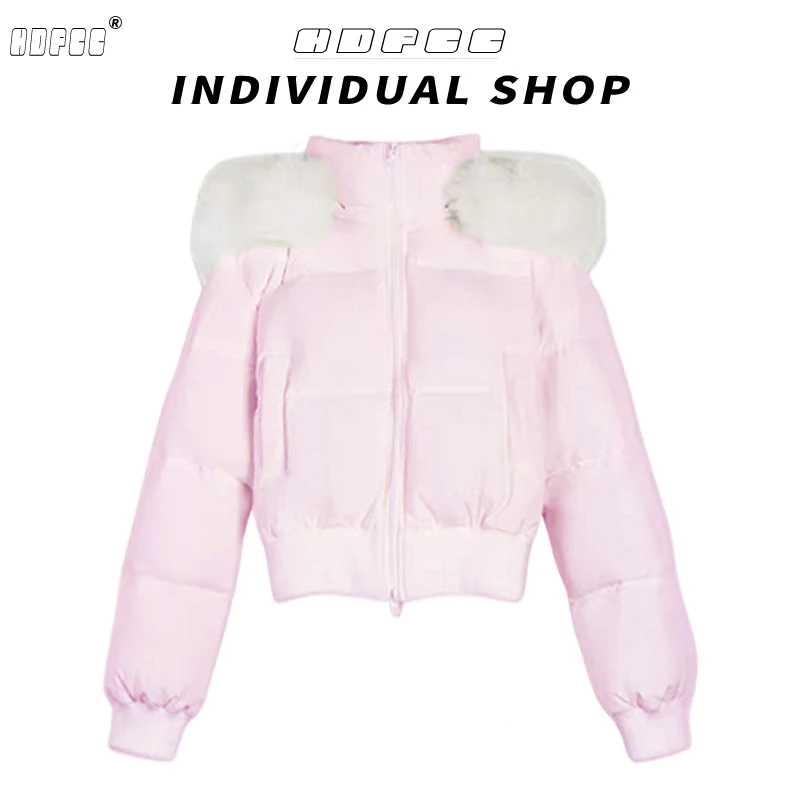 现货粉色减龄时尚毛领连帽保暖棉服女冬季韩版修身显瘦长袖棉袄上