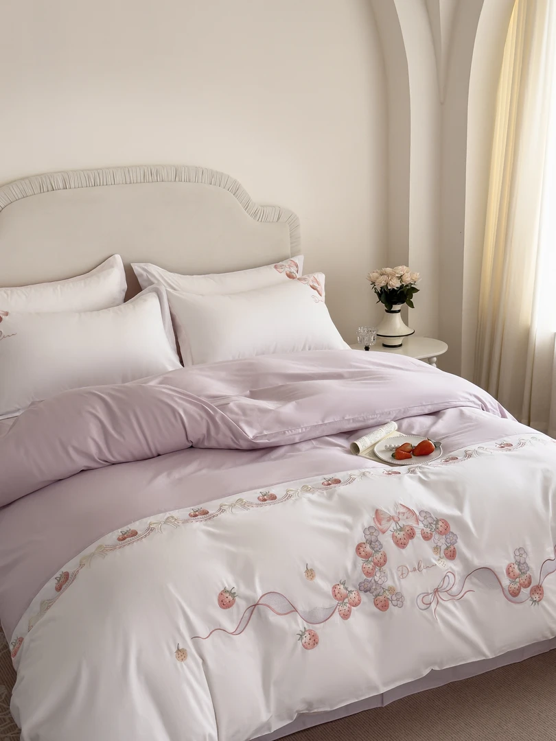 奶油草莓A类100全棉绣花四件套四季通用轻奢高档刺绣小清新床用品