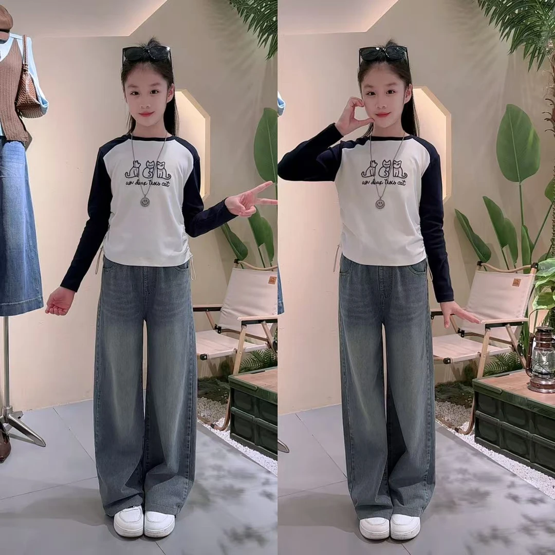 女童春秋款套装韩版儿童中大童长袖刺绣上衣阔腿裤百搭休闲套装