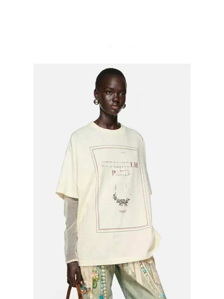 潮牌做破早秋新款假两件网纱长袖字母印花T恤米色圆领25082045