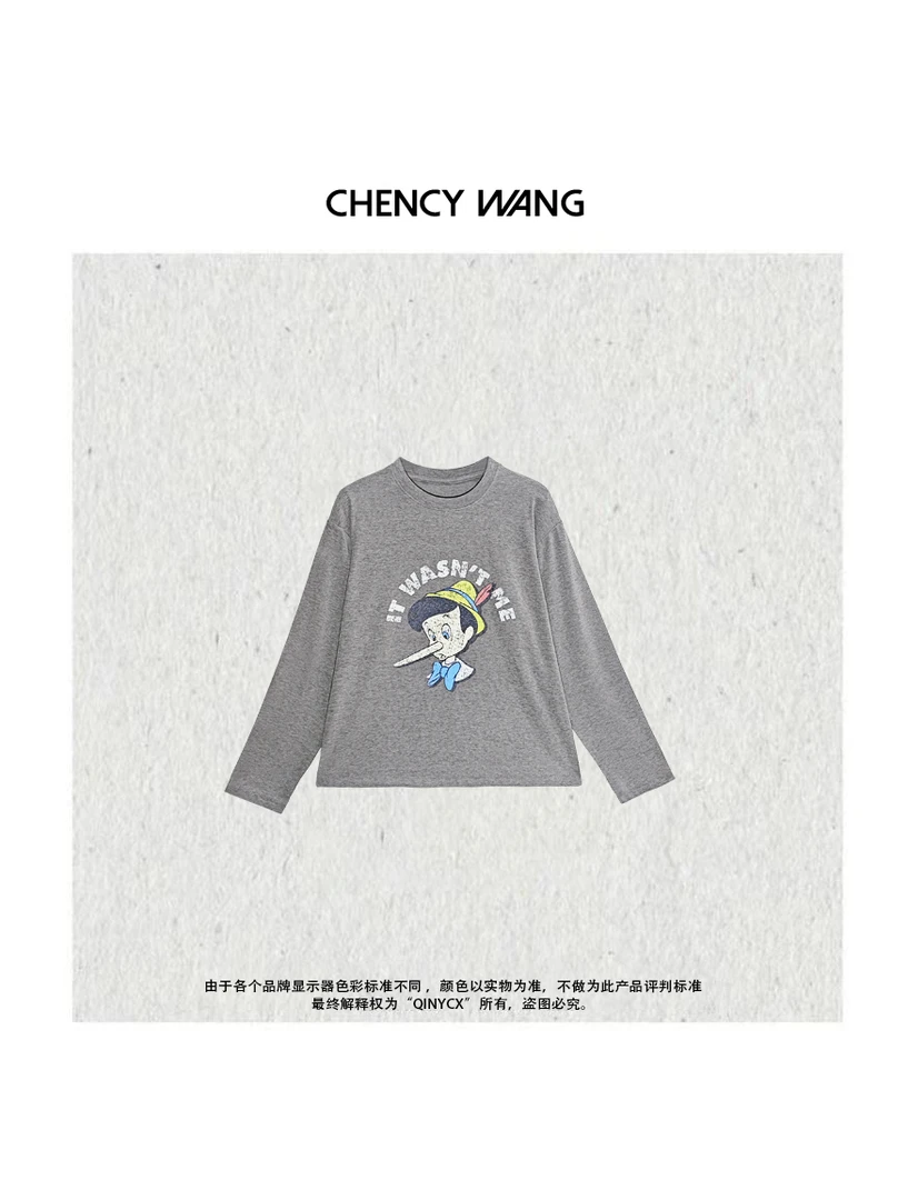 『CHENCY WANG』匹诺曹T 早秋设计感舒适软糯百搭卡通印花打底上衣