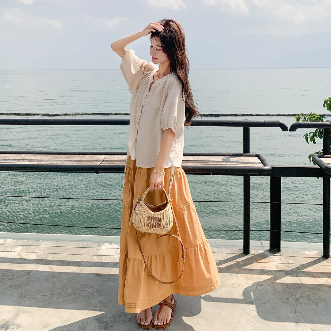 法式温柔宽松显瘦百搭夏新款半开领褶皱短袖衬衣半身裙小众两件套