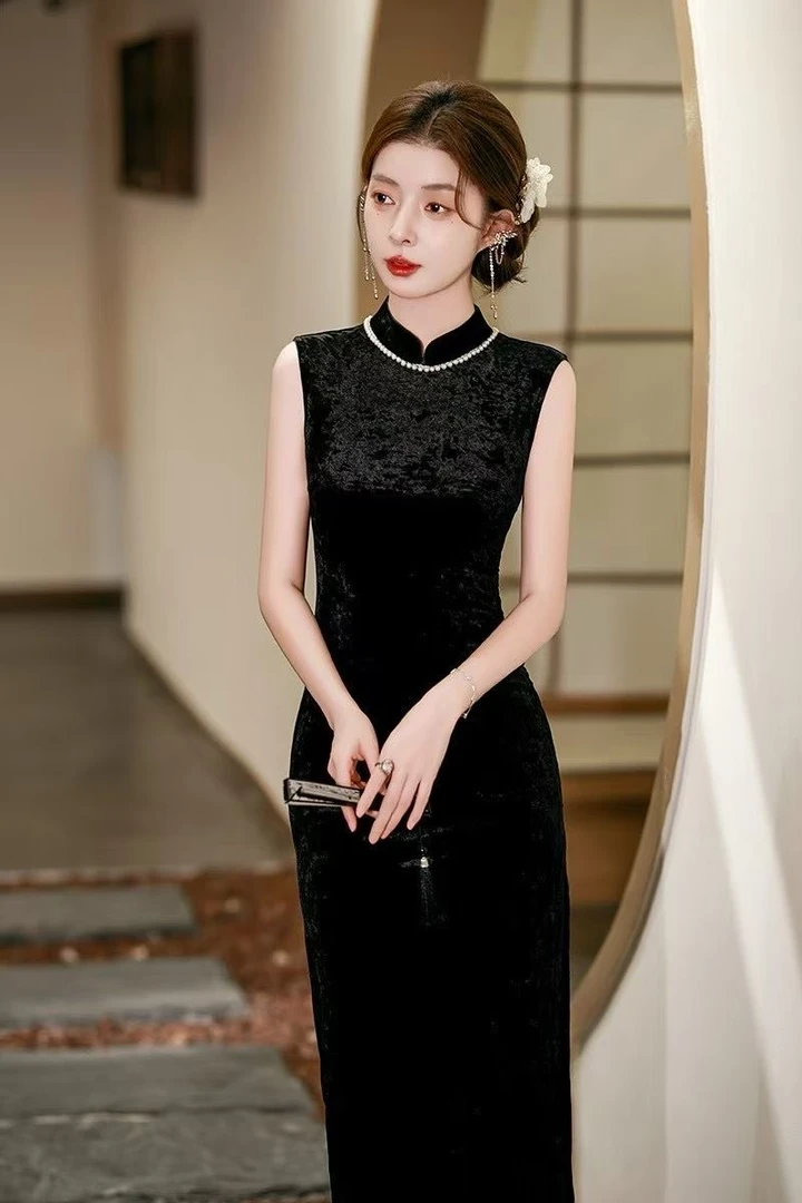 早秋新款黑色国风少女日常无袖修身显瘦气质旗袍复古优雅