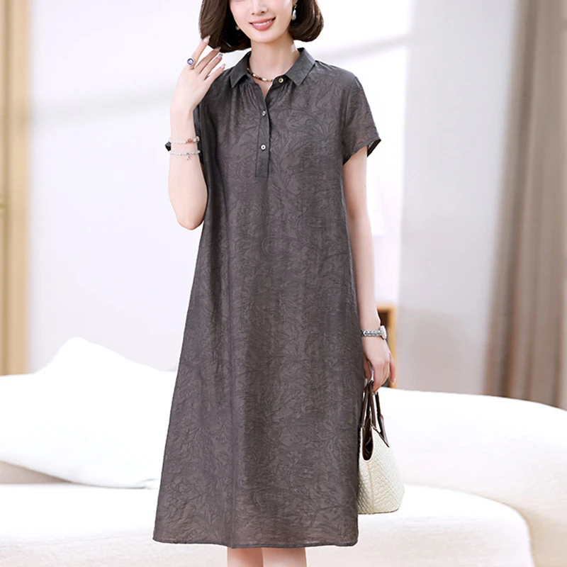 天丝棉麻阔太太天丝连衣裙女2025夏新款宽松遮肉显瘦Polo领中长裙