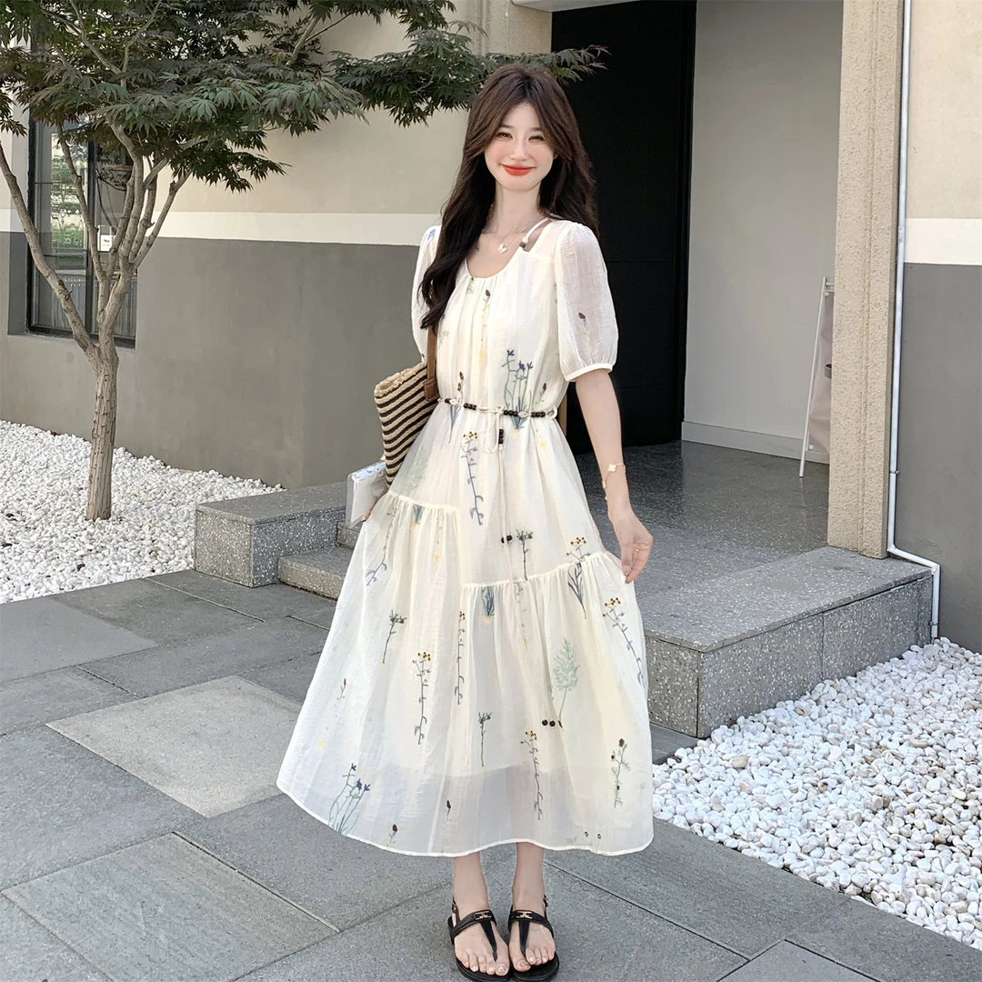 法式超好看印花圆领连衣裙女2025夏季新款时尚洋气减龄显瘦a字裙