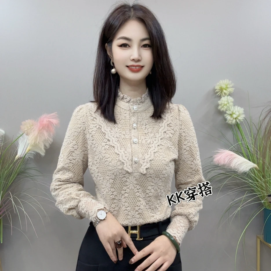 【KK】BX2052秋冬新款加绒保暖木耳花边领长袖气质百搭衬衫