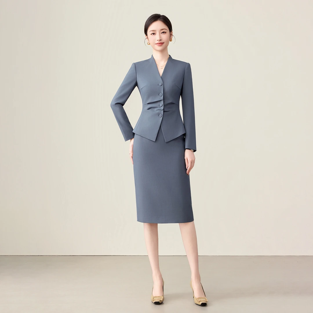钟老板灰色单排扣优雅西装2025秋季新款职业外套显瘦半身裙套装女