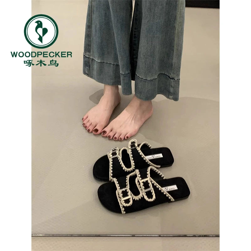 啄木鸟厚底蕾丝勃肯凉拖女款2025新款夏季外穿凉拖鞋一字拖沙滩鞋