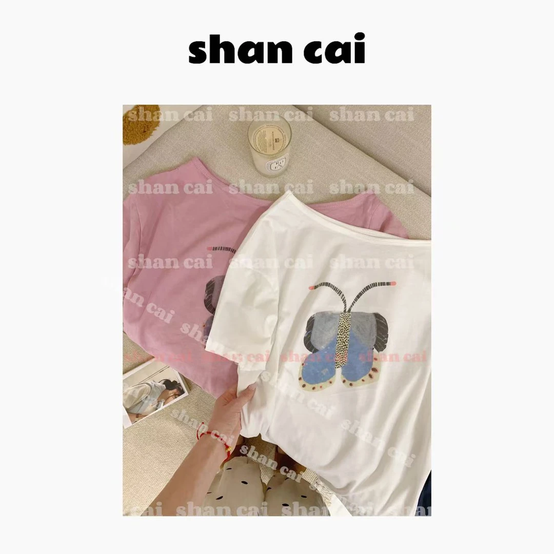 杉菜自制（蝴蝶）斜肩T夏季