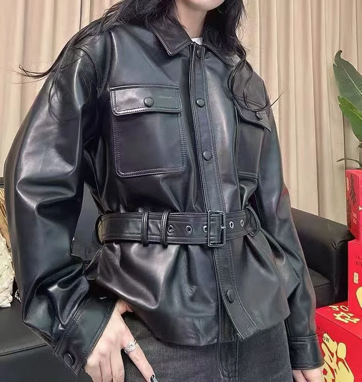 【锦米】女装油腊绵羊皮短外套气质时尚明星同款绵羊皮夹克黑色ins