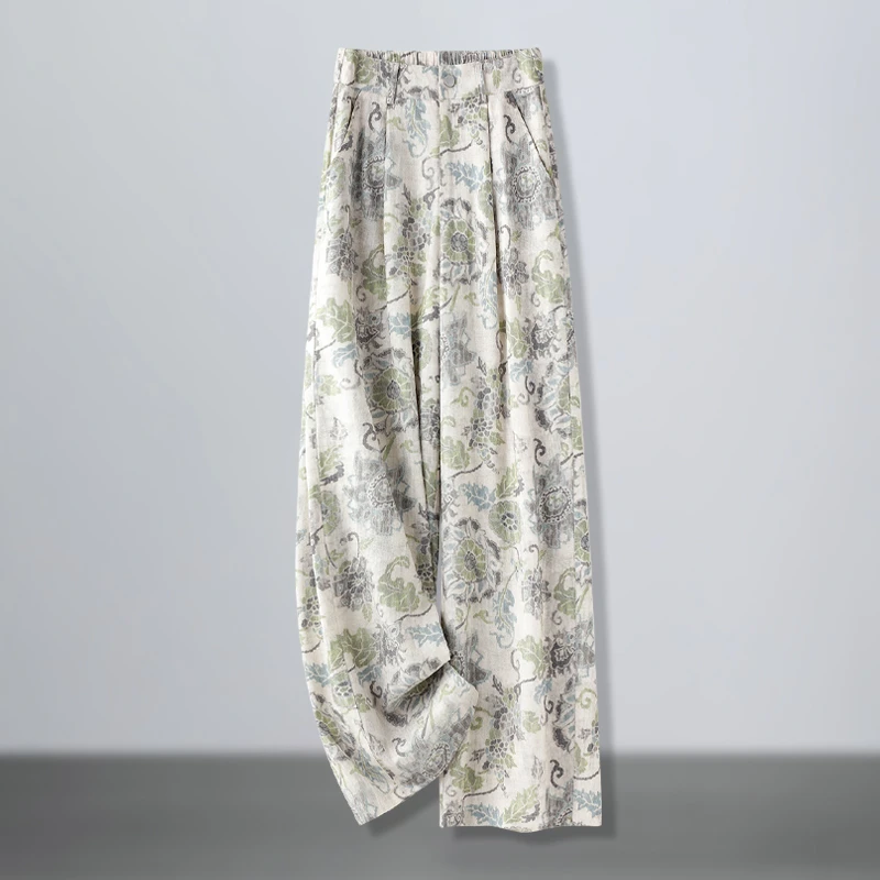 亚麻抗皱提花休闲阔腿裤女2025夏季新款洋气百搭显瘦宽松直筒裤子