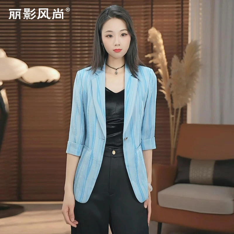 丽影风尚修身款条纹常规利落西装气质薄款女士上衣职业夏季