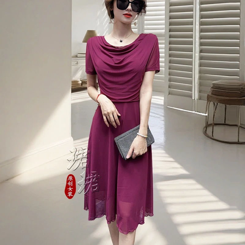 夏季新款短袖裙子荡荡领经典显瘦连衣裙气质小黑裙女人味大摆裙