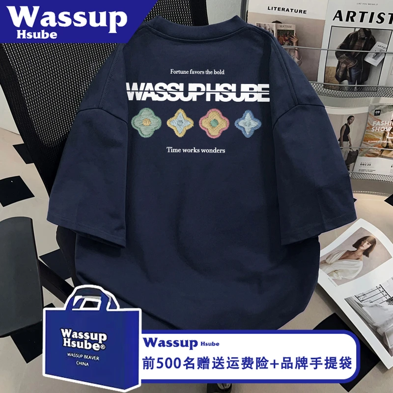 WASSUP HSUBE夏季藏青上衣图纹艺术英文印花T恤ins纯棉男女款短袖