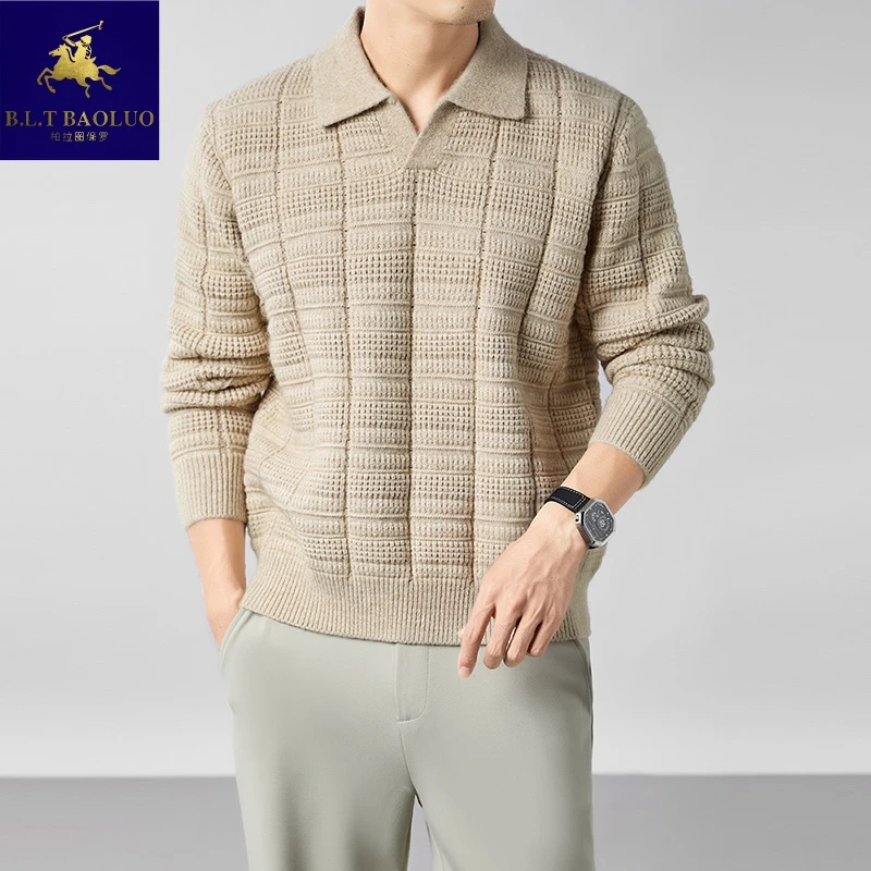 保罗中年男士长袖针织打底衫商务休闲毛衣格纹海鸥领冬季保暖加厚