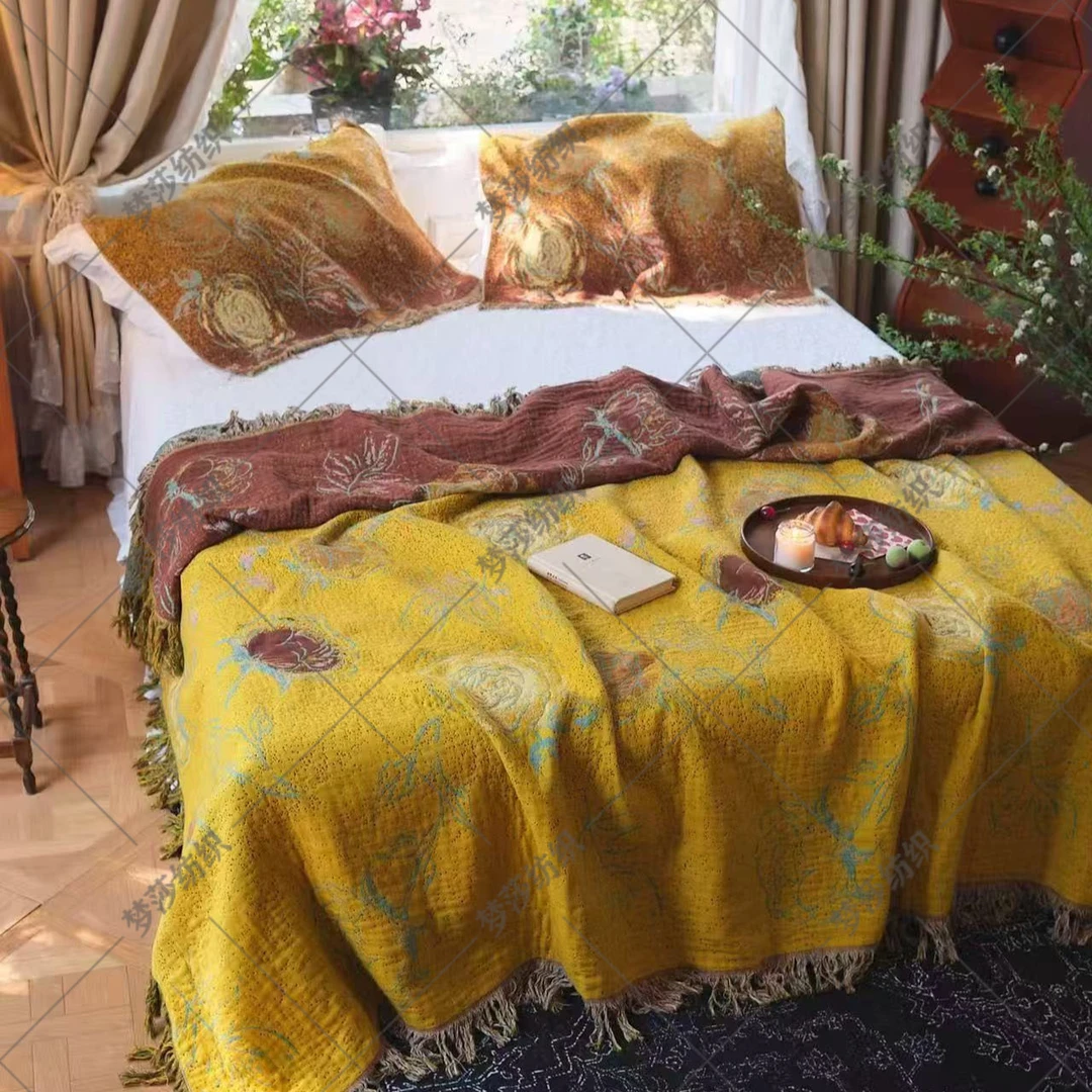 【专柜专货】10秒钟拼手速！汉麻流苏纱布盖毯230*250-鎏金玫瑰