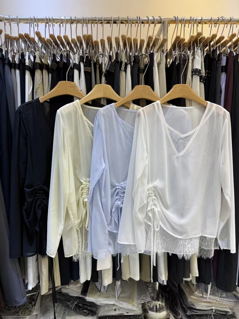 【叁月】实拍蕾丝网纱抽绳长袖小衫2025夏新款V领拼接假两件上衣女