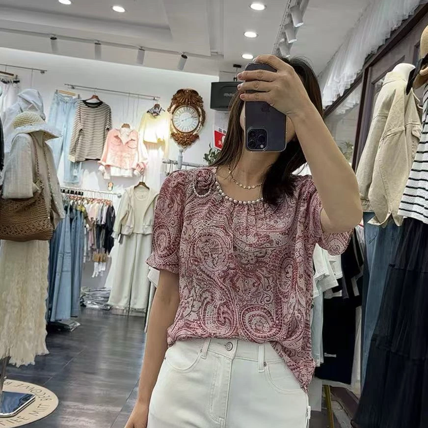 夏季新品超仙清凉清爽时尚百搭串珠洋气短袖花衫纱料遮肉公主风潮