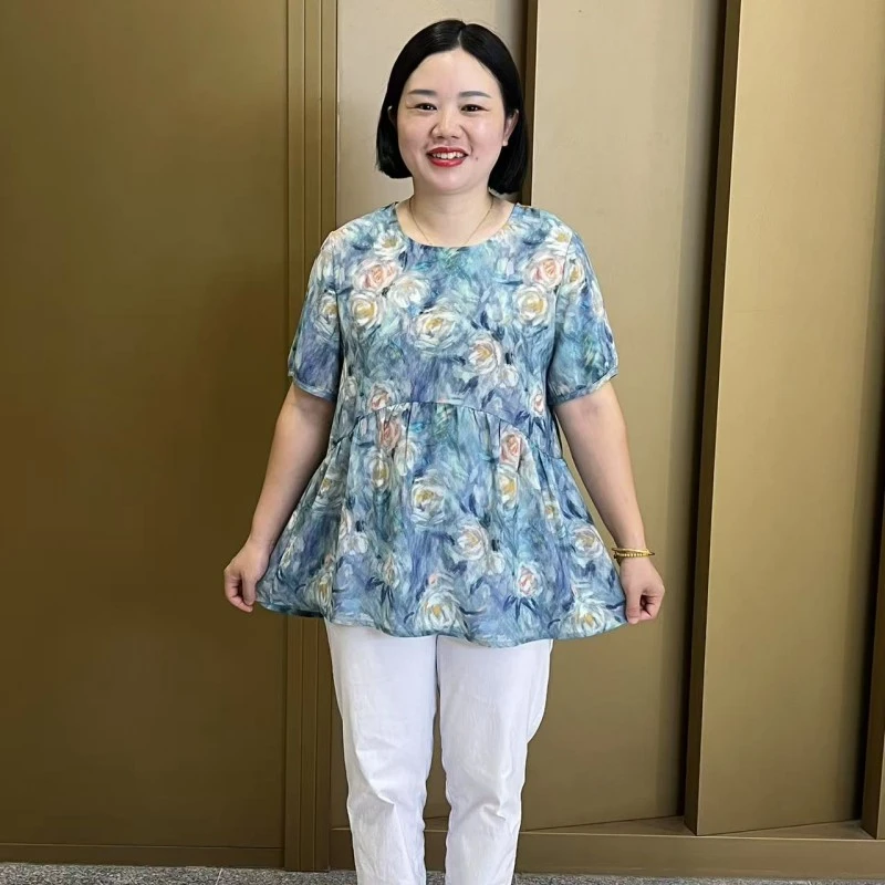 夏季新款圆领时尚洋气宽松显瘦短袖大码上衣