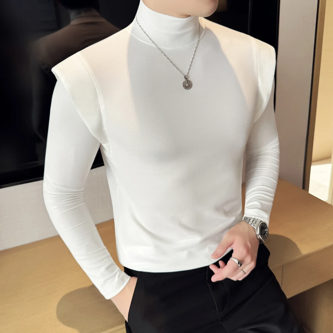 设计感拼接半高领打底衫男秋冬季2024新款高级感痞帅内搭长袖t恤