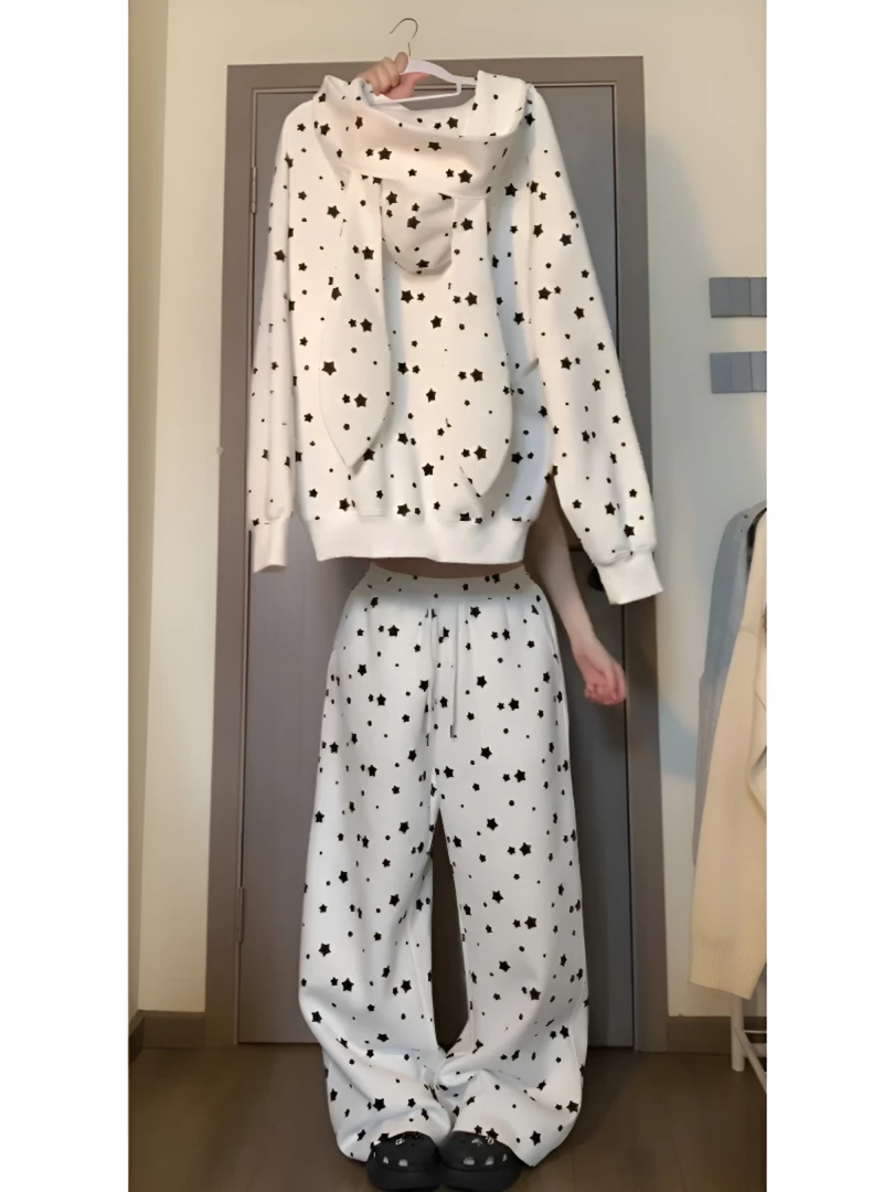 星星印花兔耳朵连帽睡衣卫衣套装女新款大码长袖长裤家居服可外穿