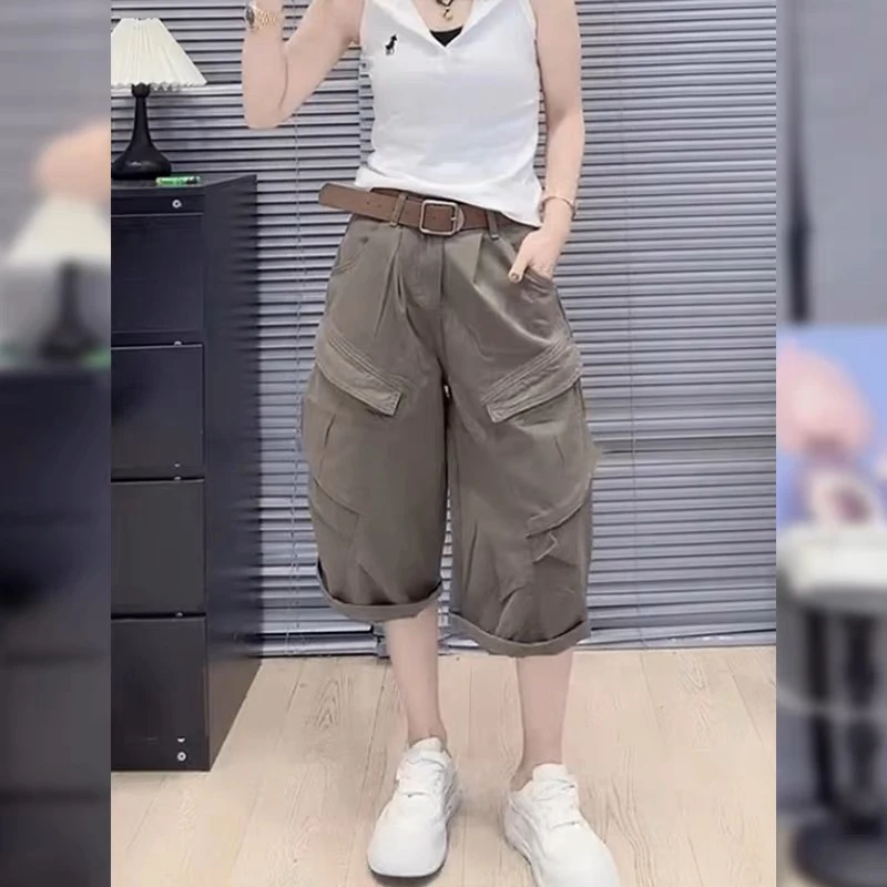 军绿色阔腿牛仔裤女2025夏季薄款梨形身材高腰宽松显瘦七分工装裤