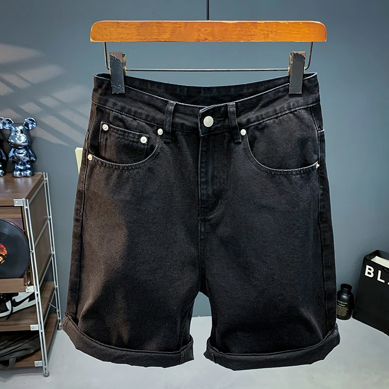 哈珀林恩黑色短裤潮流休闲宽松直筒牛仔中裤纯棉韩版百搭五分裤