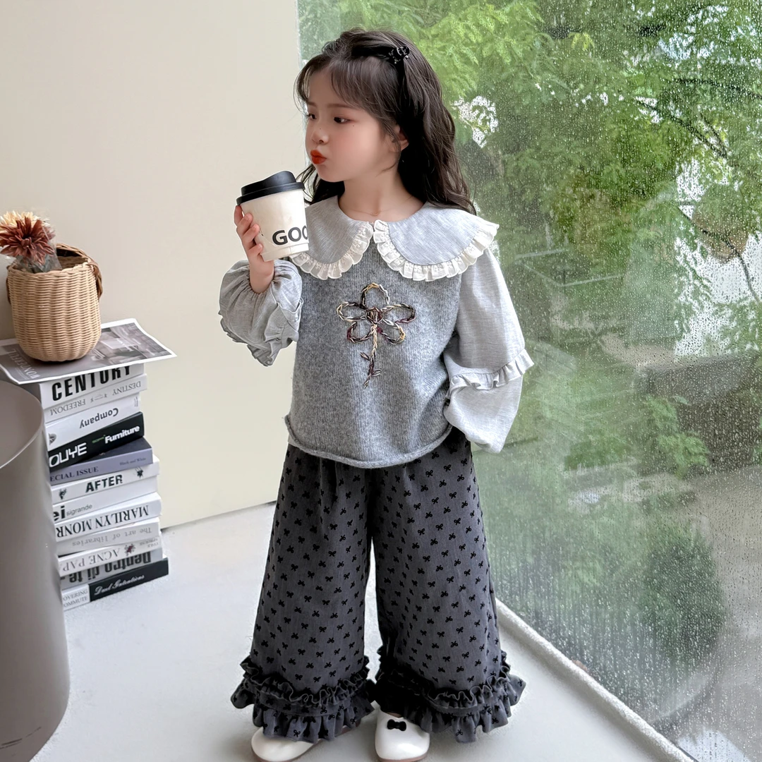 女童秋款套装新款洋气儿童绣花马甲卫衣小女孩春秋装阔腿裤三件套