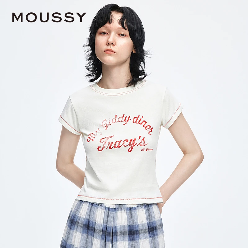 MOUSSY2025早秋新品休闲字母正肩修身圆领短袖T恤女010IS290-9411