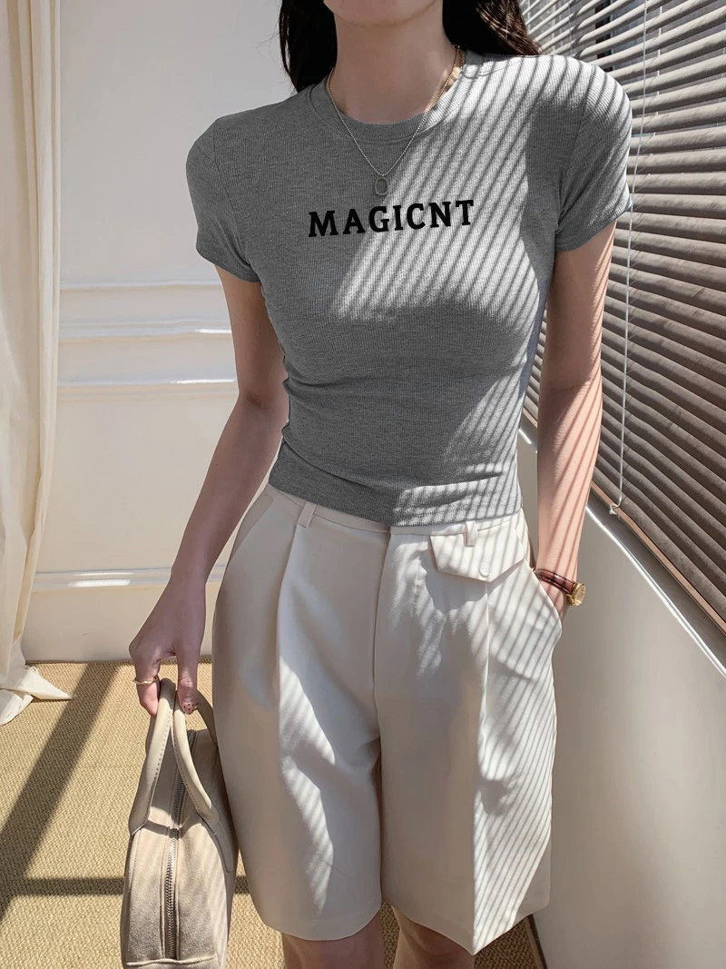 灰色打底纯棉夏季圆领纯欲紧身显身材T恤女美式辣妹短袖正肩上衣
