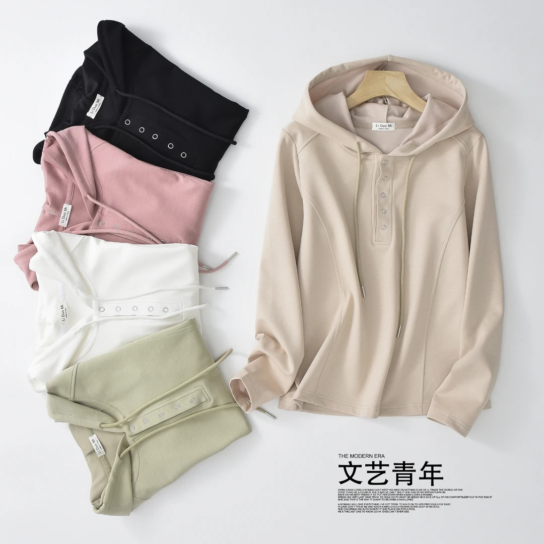 H【砂洗空气棉帽衫】春夏时尚休闲连帽薄款长袖百搭女士打底LDM7780