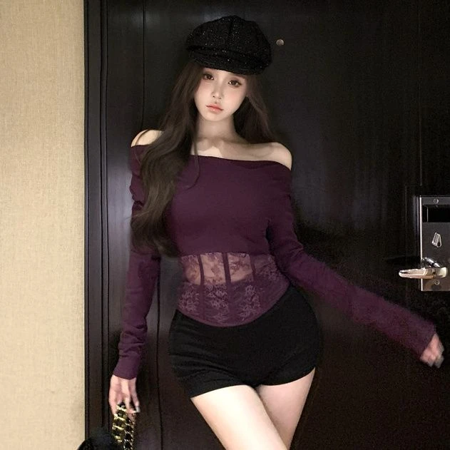 气质显瘦小蛮腰鱼骨荡领蕾丝上衣秋冬新款辣妹漏腰镂空显瘦T恤潮