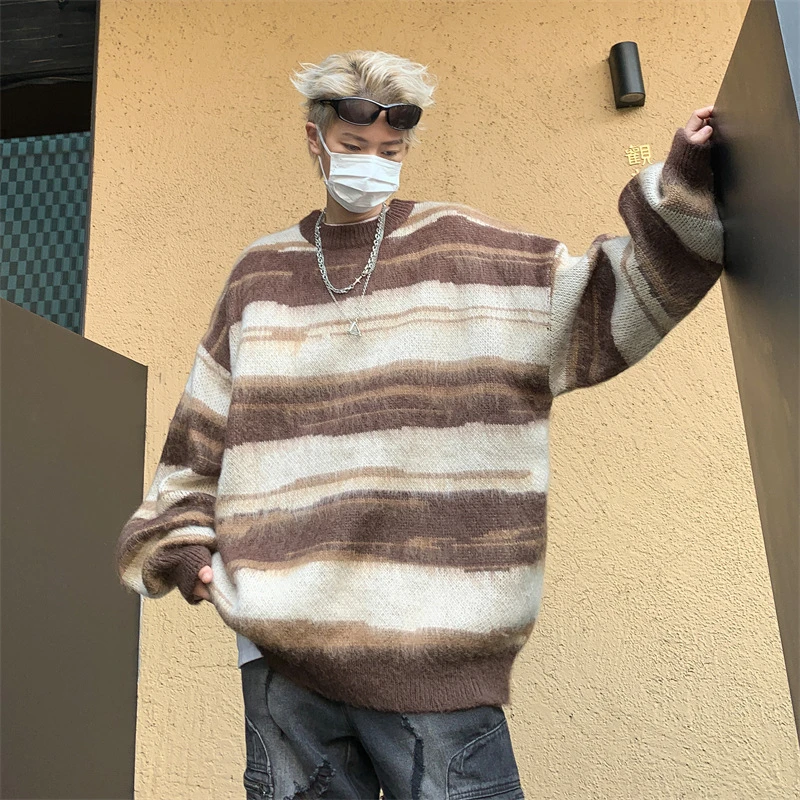 美式复古马海毛条纹圆领毛衣男女潮牌秋冬慵懒情侣撞色休闲针织衫