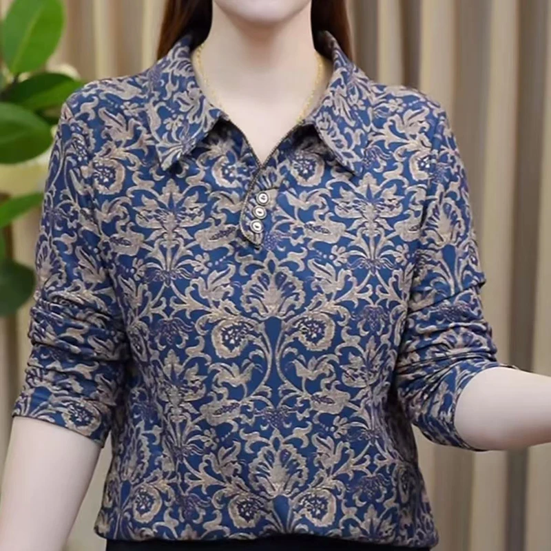 秋季时尚减龄2025新款小衫洋气百搭长袖中年女士遮肉显瘦印花上衣