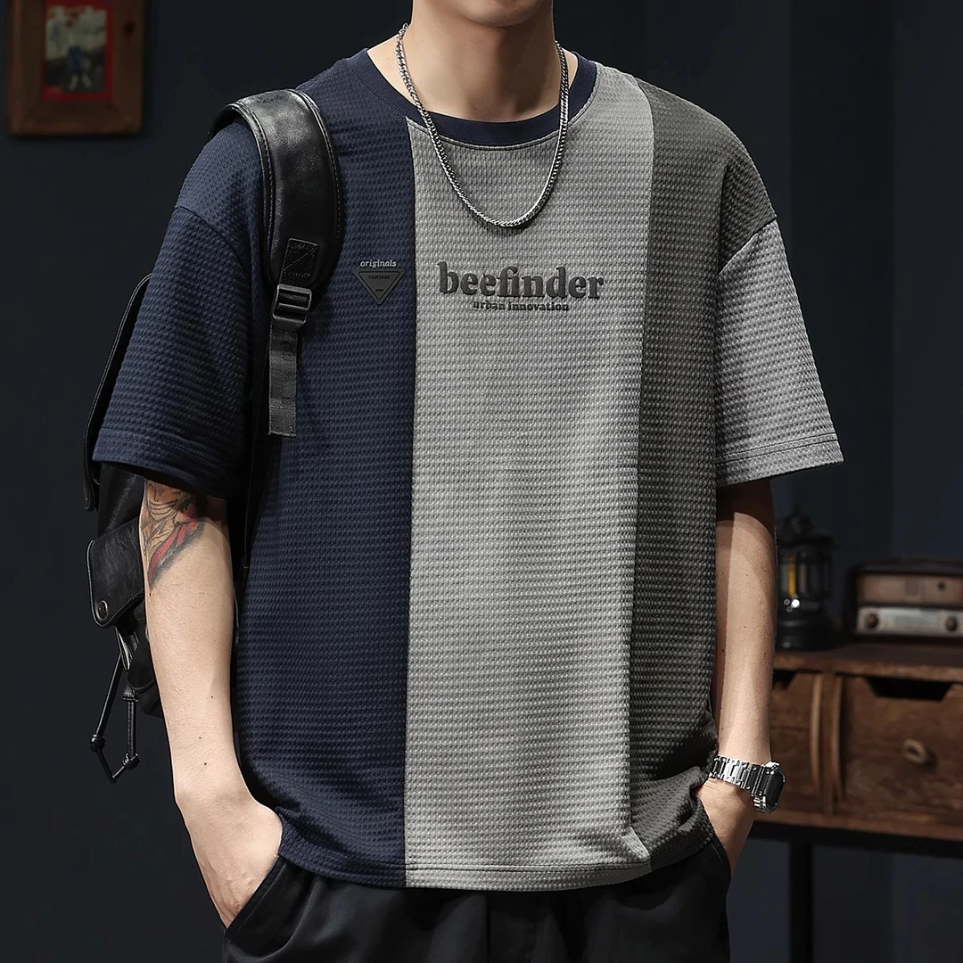 华夫格拼色短袖t恤男2025新款大码宽松夏季重磅潮牌半袖男装体恤T