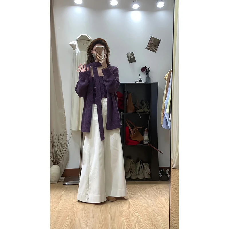 毛衣女2025慵懒风针织外套穿搭抹胸上衣内搭阔腿裤高腰垂感休闲裤