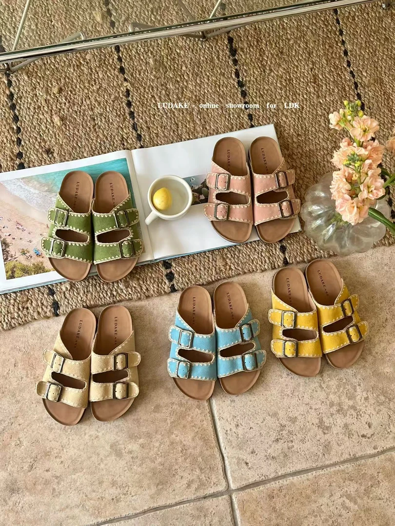 福秒-真皮小众刺绣花边～慵懒勃肯拖鞋（XZb1888-5#）爱唯依