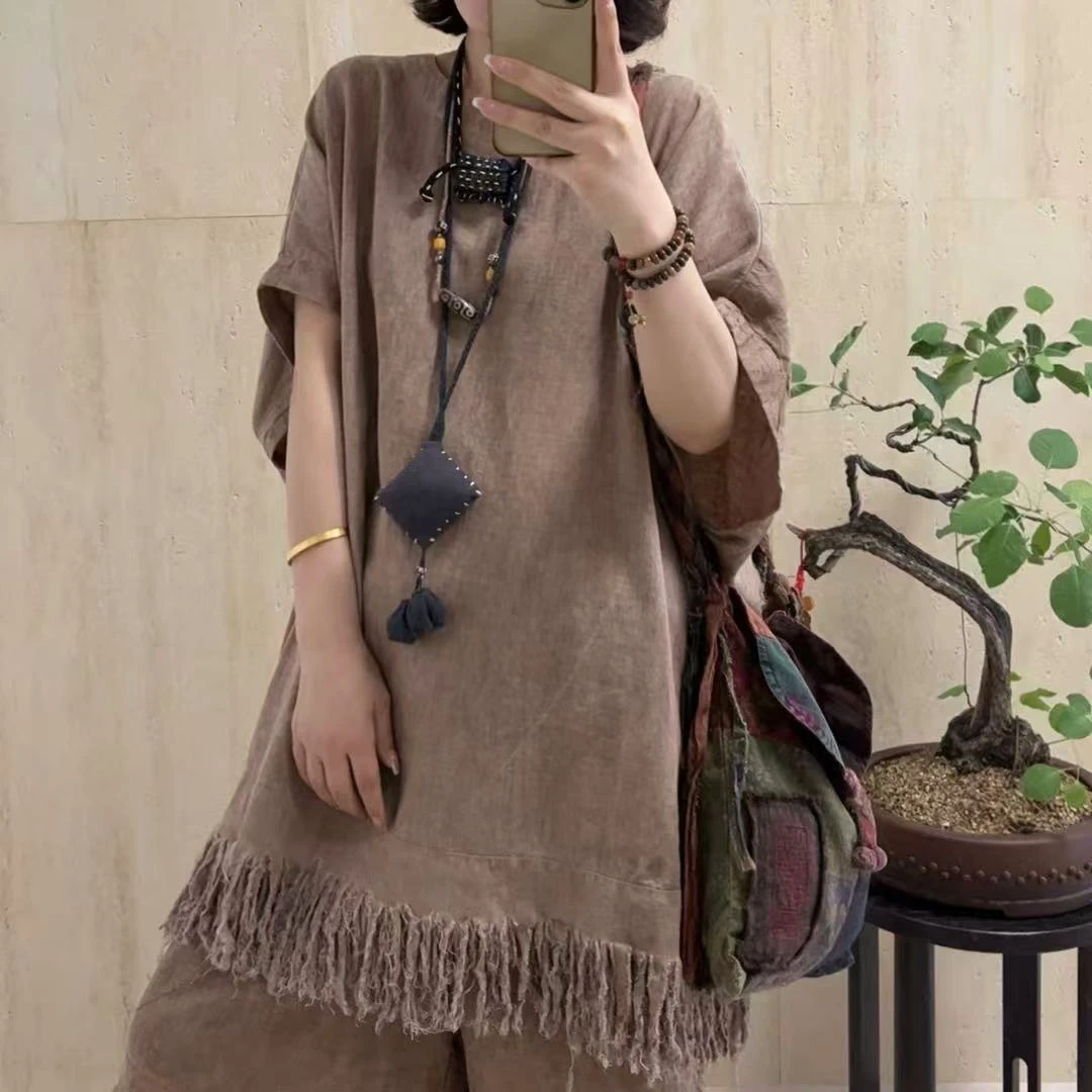 那年  夏季复古慵懒百搭款砂洗亚麻流苏中长款半袍