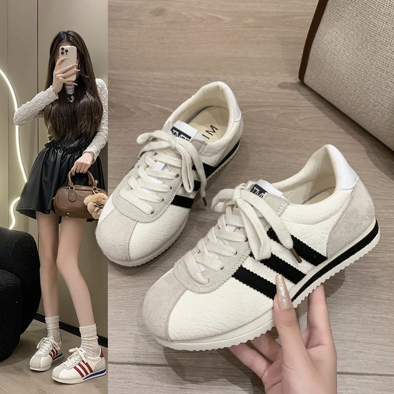 2025时尚平底阿甘鞋女学生百搭韩版ins休闲运动鞋透气系带德训鞋