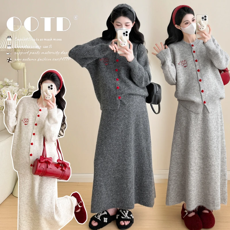 KIKI~2025秋冬新款韩版时尚猫咪刺绣韩版显瘦开衫半身裙毛衣套装