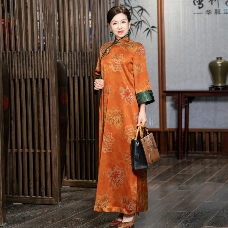 金色牡丹 香云纱桑蚕丝国风复古大袍子HQ1913
