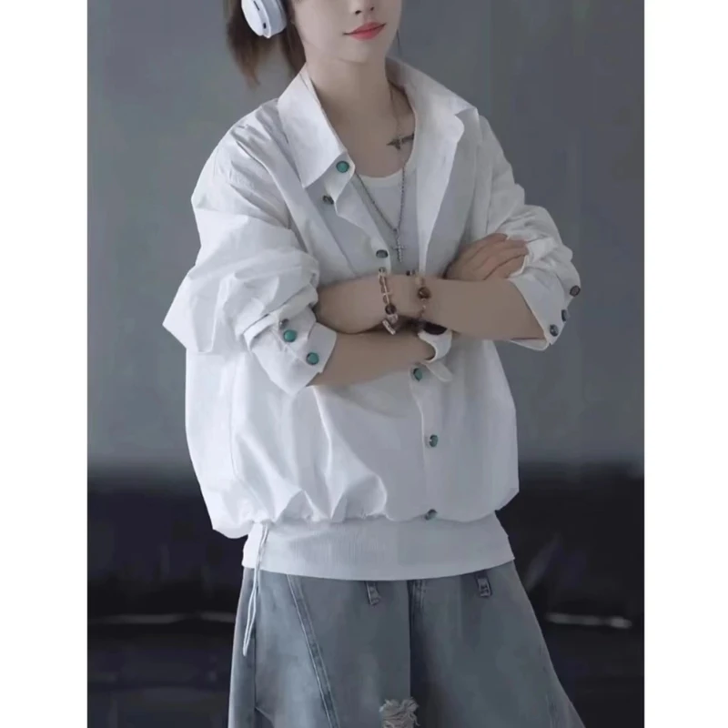 原创下摆抽绳长袖绿松石衬衫男女高级感衬衣夏季休闲百搭外套
