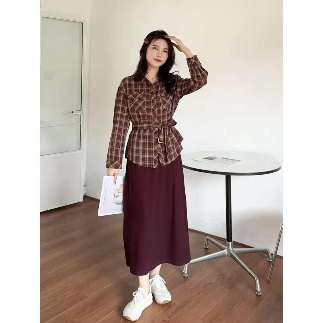88012【衣长62裙长106】韩版格子宽松长袖衬衫外套吊带连衣裙两件套