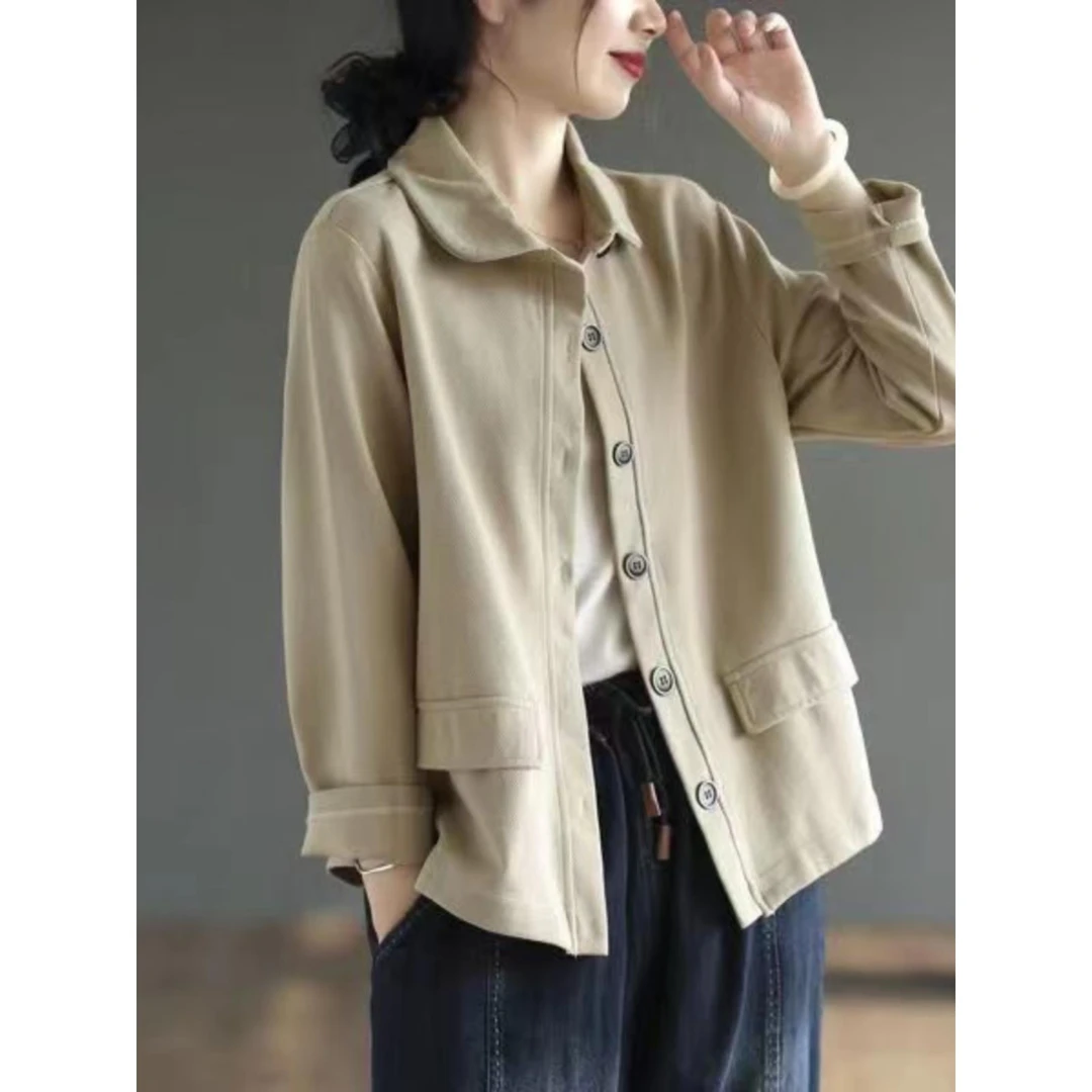 文艺纯色简约棉短外套女春秋装2025新款宽松显瘦休闲百搭长袖上衣