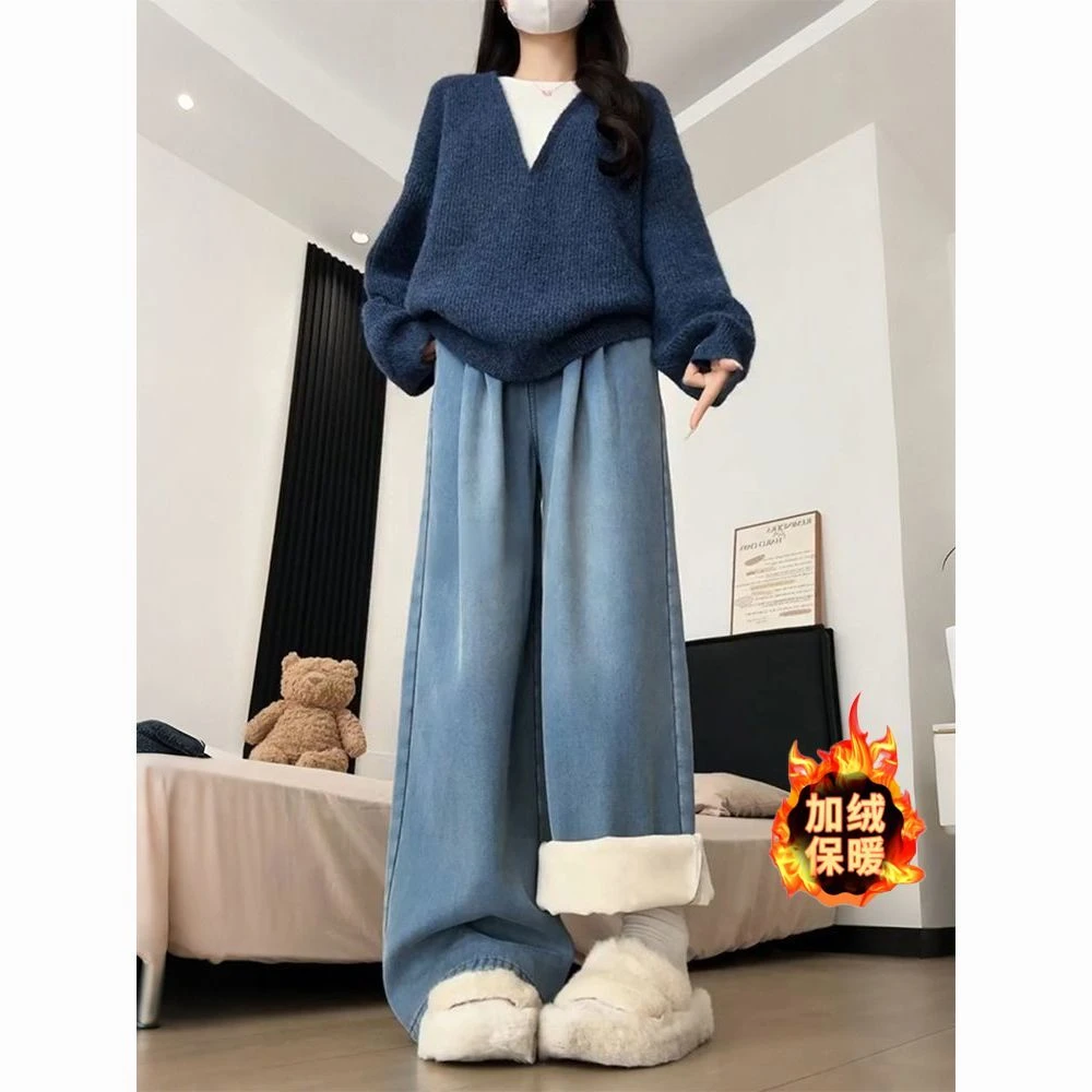 300斤大码加绒加厚牛仔裤女秋冬裤子胖mm高腰宽松显瘦直筒阔腿裤