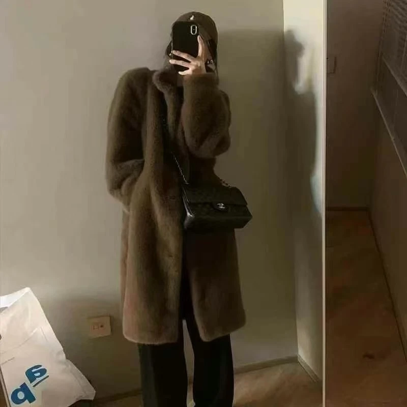 冬季新款舒适亲肤甜美洋气时尚中长款宽松显瘦减龄百搭毛毛外套-M