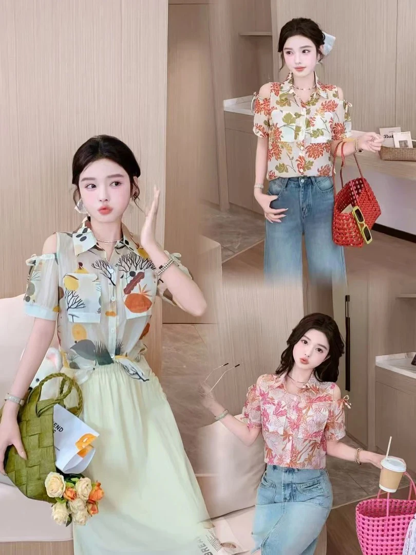 夏季清凉露肩绑带显瘦衬衣5503